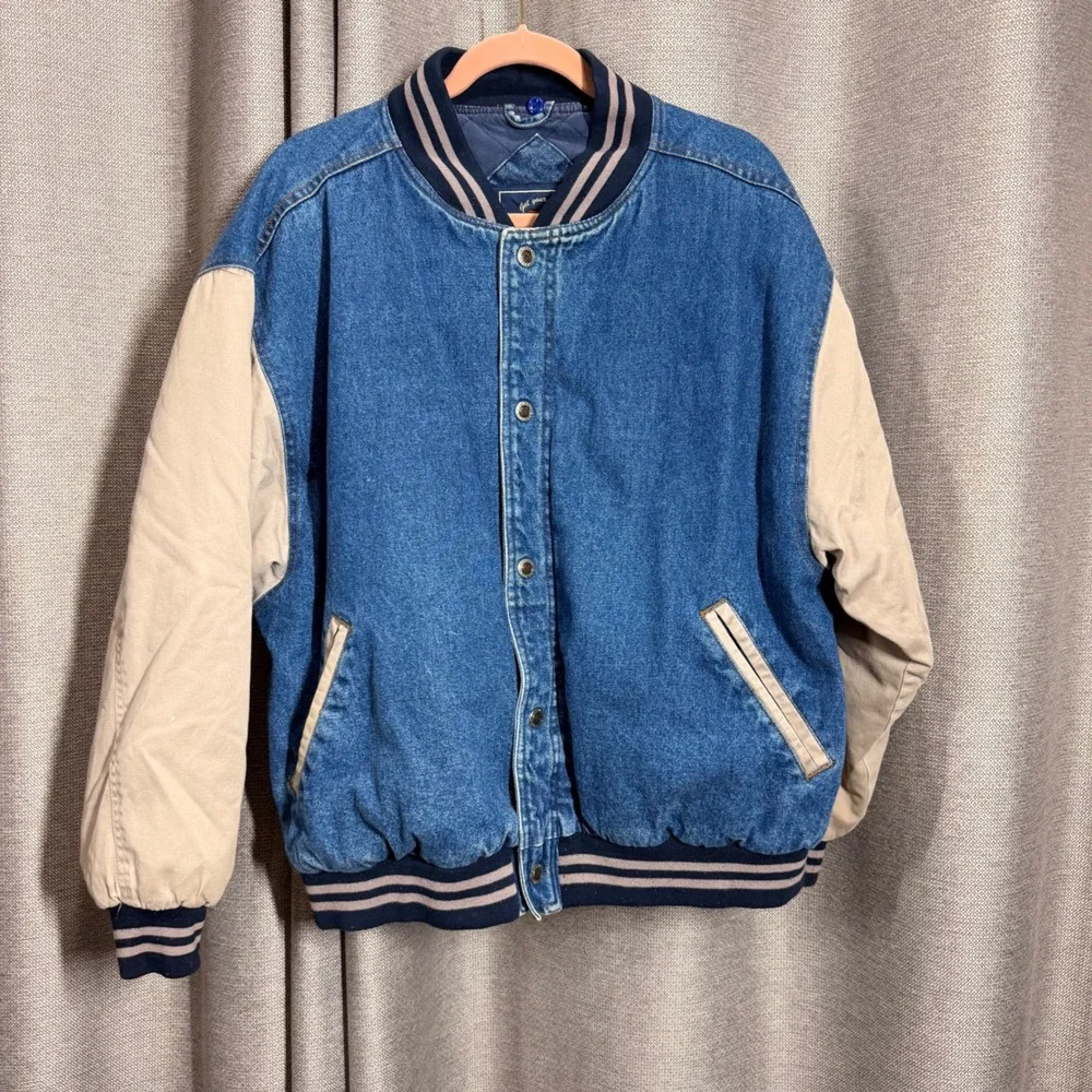 Route 66 Denim Varsity Jacket Mens Large Blue Tan Good Quilted Bomber barn